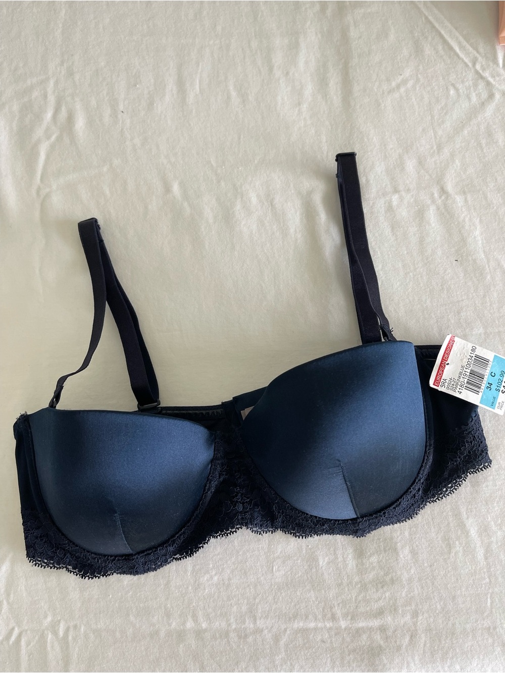 STELLA MCCARTNEY Balconette Silk Bra 34C  Navy Blue  Underwire $102 NWT